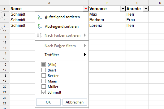 Bearbeiten einer Tabelle > Sortieren > Filtern > AutoFilter
